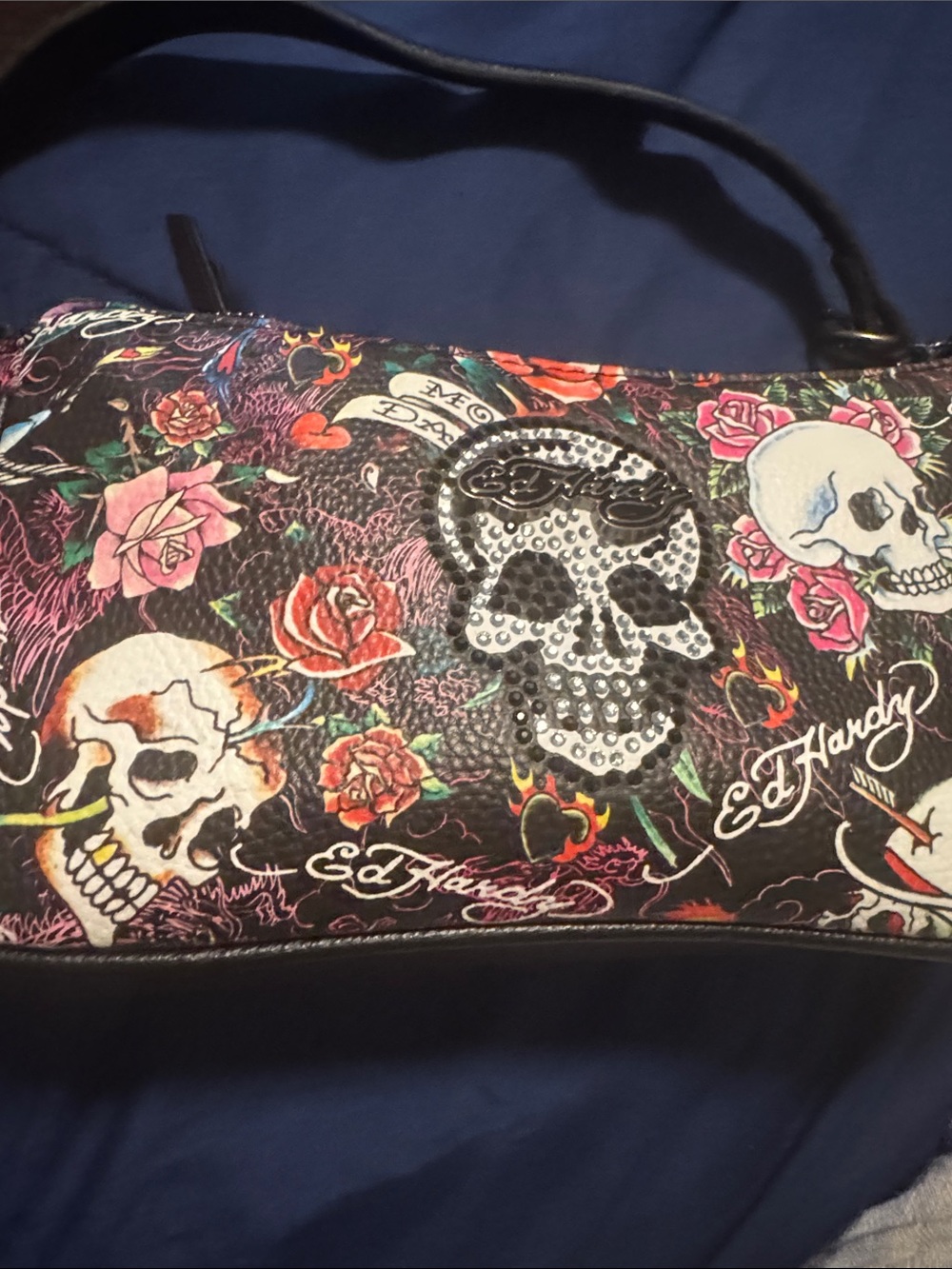 Ed Hardy Black Skull & Floral Studded Wristlet